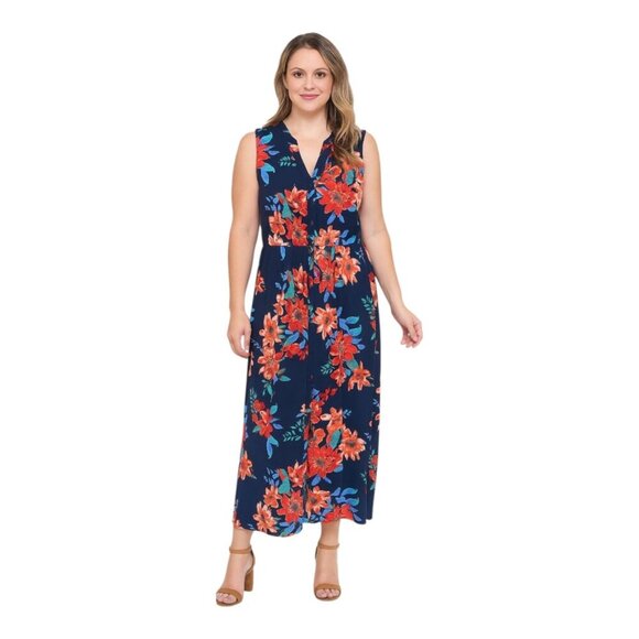 Talbots Women's Floral Tropical Blue Coral Long Dress 10 Drawstring V Neck - Picture 1 of 6